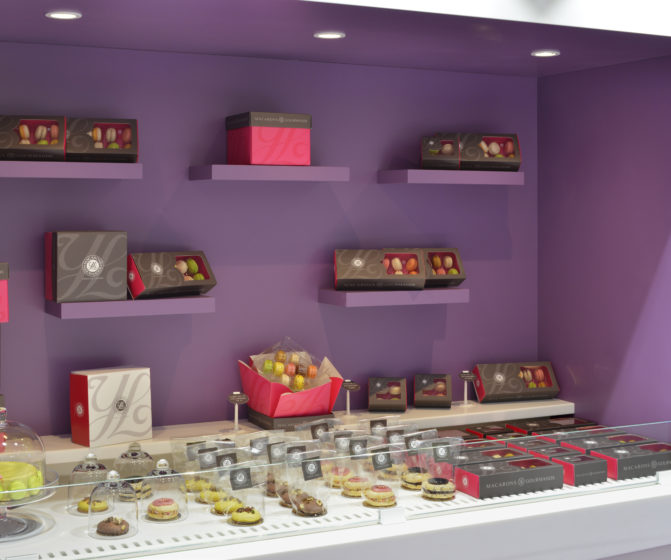 boutique macarons gourmands Yannick Lefort vitrine murale présentation box conception studio frvr